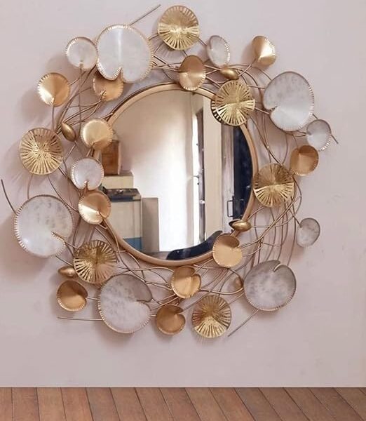 AD Gold and White Metal Frame Round Wall Mirror(30 x 3 x 30)