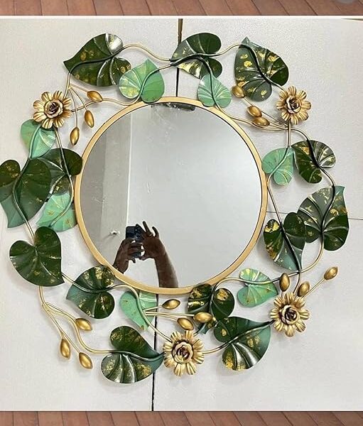 AD Green Leaves Designer Metal Framed Round Wall Mirror(30 x 3 x 30 inch)